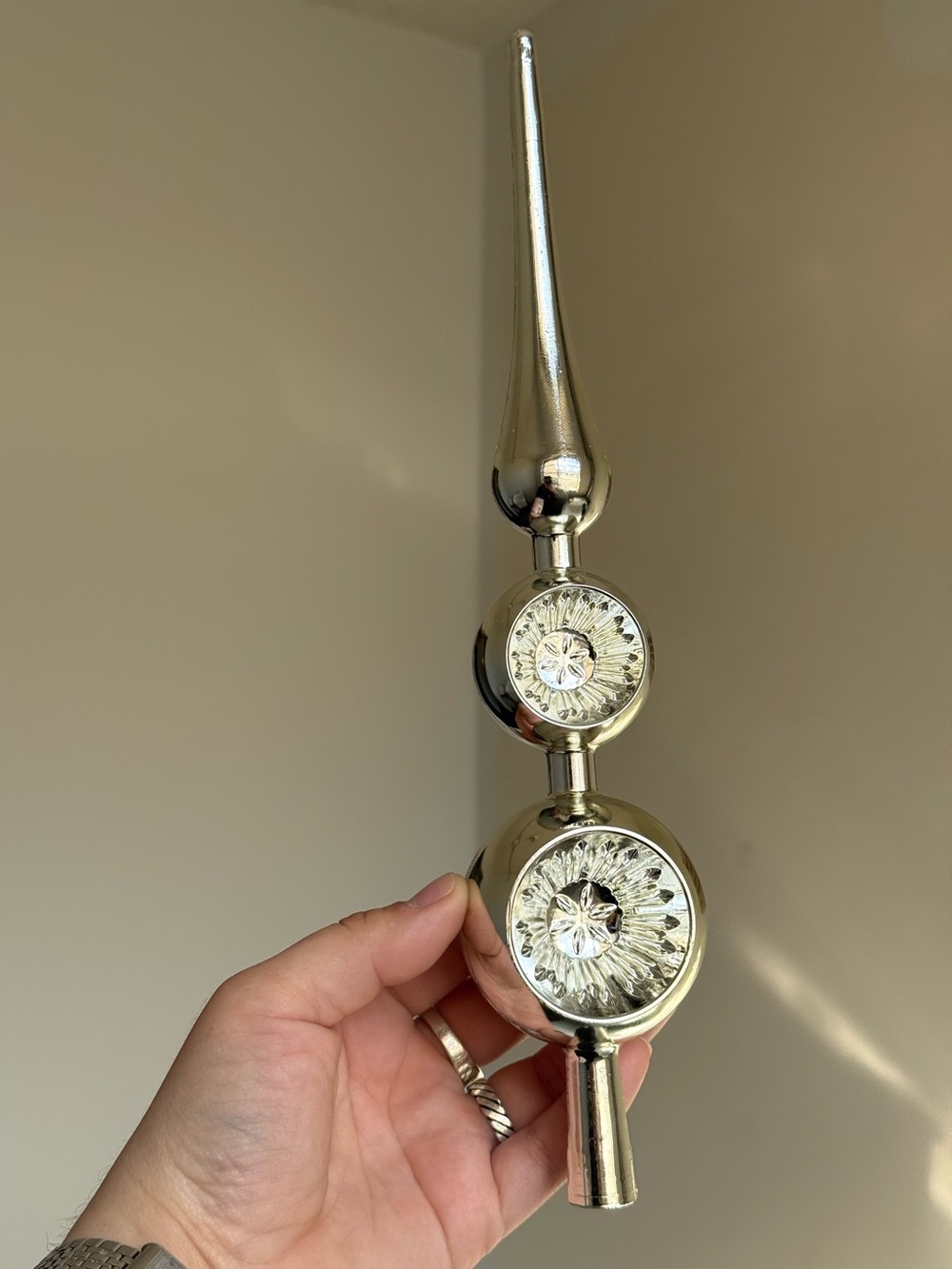 Kitschy Vintage Shatterproof Silver Plastic Christmas Tree Topper by Barcana